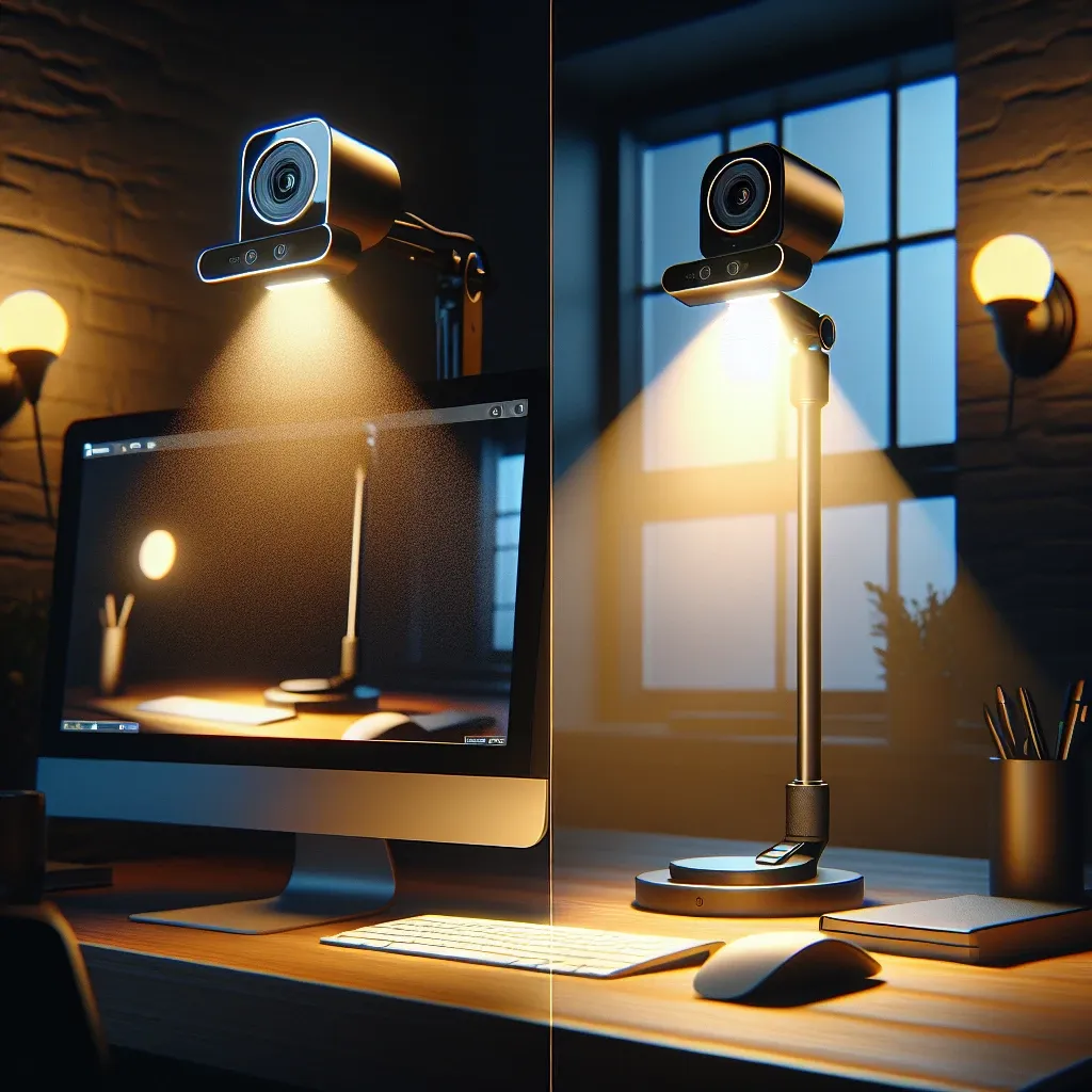 "Comparativo de imagens de webcams com compensação de luz em ambientes escuros, destacando a qualidade de vídeo e a clareza em videoconferências."