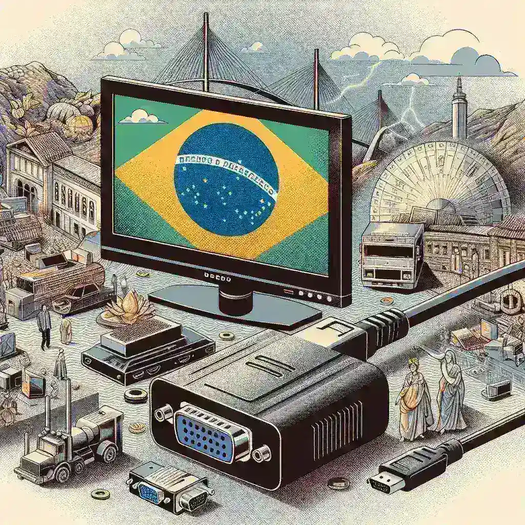 "Adaptador HDMI para VGA mostrando a conexão entre um laptop moderno e um projetor antigo, destacando a solução prática para equipamentos legados em empresas brasileiras."