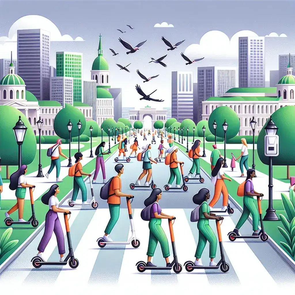 "Patinente elétrico em uma cidade vibrante, simbolizando o crescimento da micromobilidade nas capitais, conforme mencionado no artigo sobre a expansão desse meio de transporte sustentável."