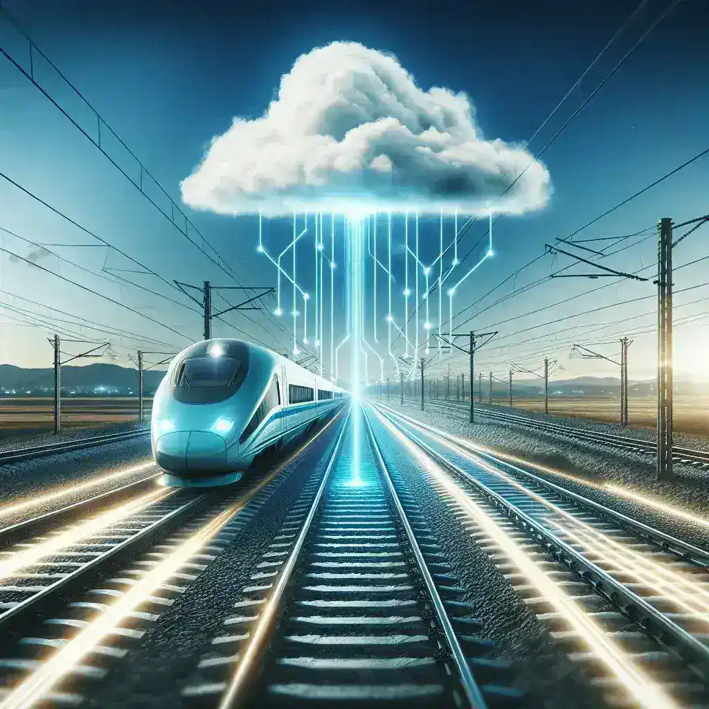 "Trilhos inteligentes conectados à nuvem testados por empresas ferroviárias, mostrando tecnologia de ponta para otimização do transporte ferroviário."