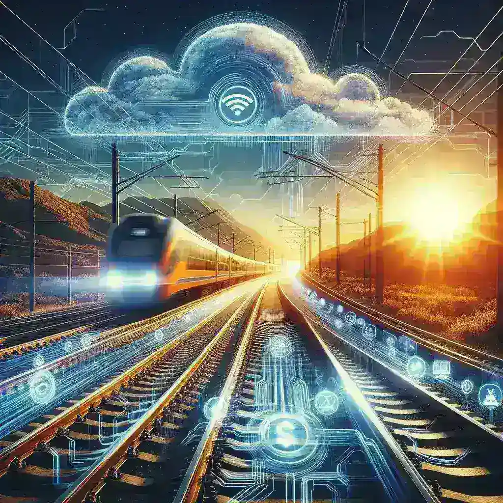 "Trilhos inteligentes conectados à nuvem sendo testados por empresas ferroviárias, destacando inovações em tecnologia de transporte e monitoramento em tempo real."