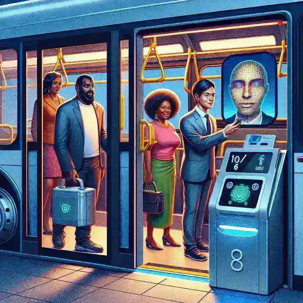"Passageiro utilizando tecnologia de reconhecimento facial para pagamento em transporte público no Brasil"