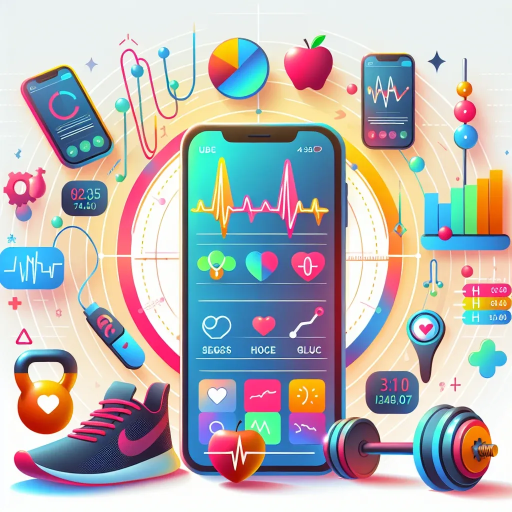 "Imagem de um aplicativo de fitness exibindo gráficos de glicemia em tempo real em um smartphone ao lado de um medidor de glicemia, ilustrando a integração de tecnologia e saúde para monitoramento de diabetes."