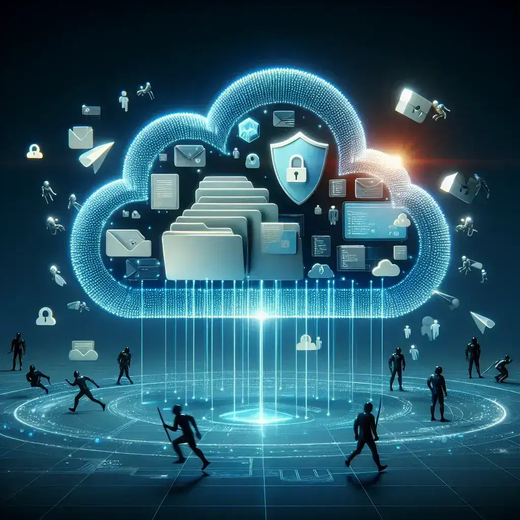 "Illustration of a secure cloud storage system with a padlock, symbolizing cybersecurity measures to protect data from hackers."